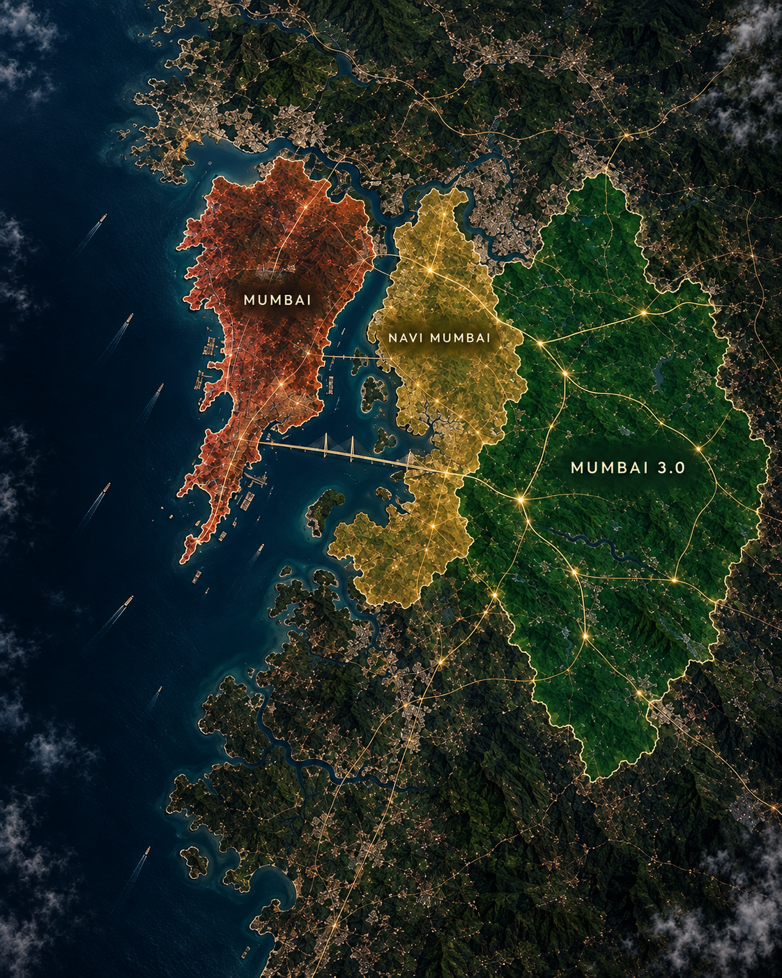 Illustrated vertical map of the Mumbai Metropolitan Region showing Mumbai, Navi Mumbai and the emerging Mumbai 3.0 growth corridor.